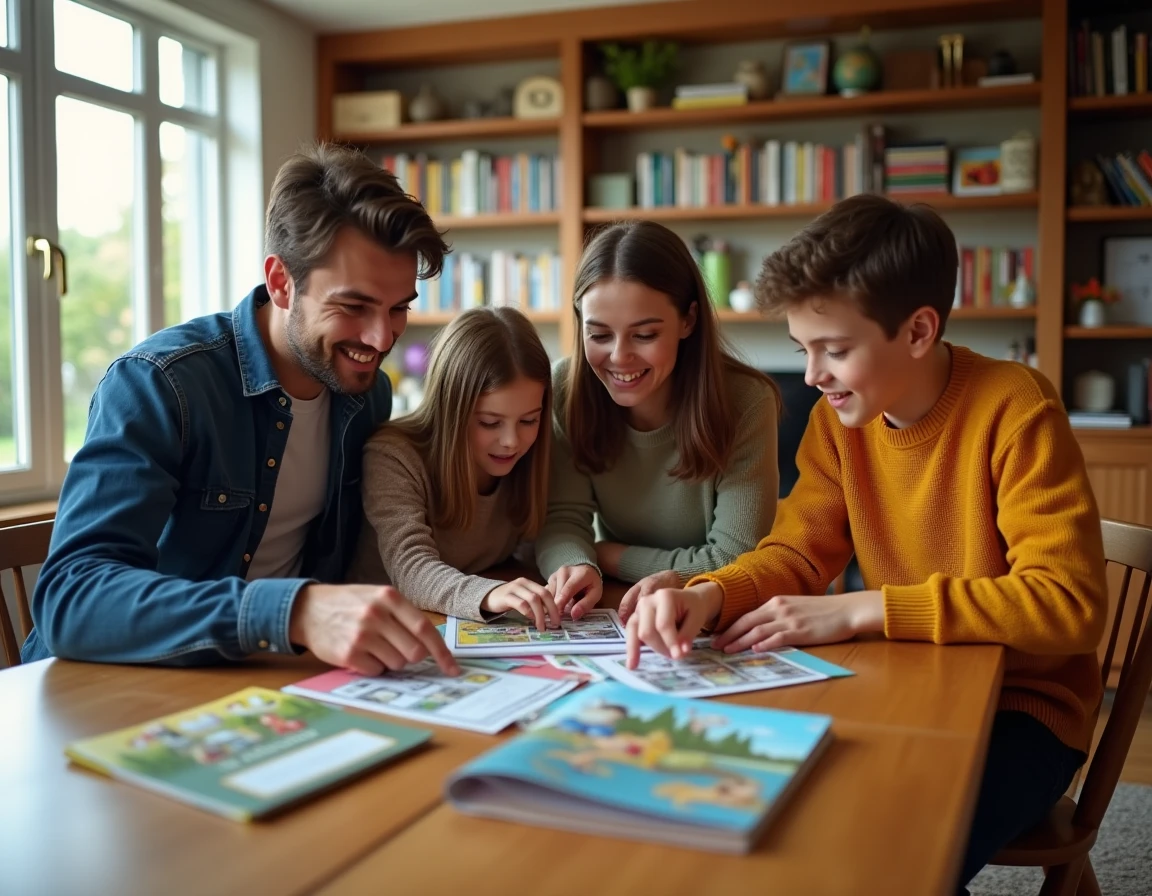 Famille découvrant ensemble le contenu d'un coffret ETB aventure autour d'une table en bois
