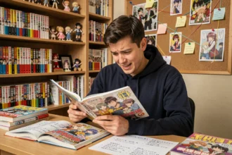 Fan de manga lisant le scan One Piece 1148 entouré de théories et de notes manuscrites sur son bureau