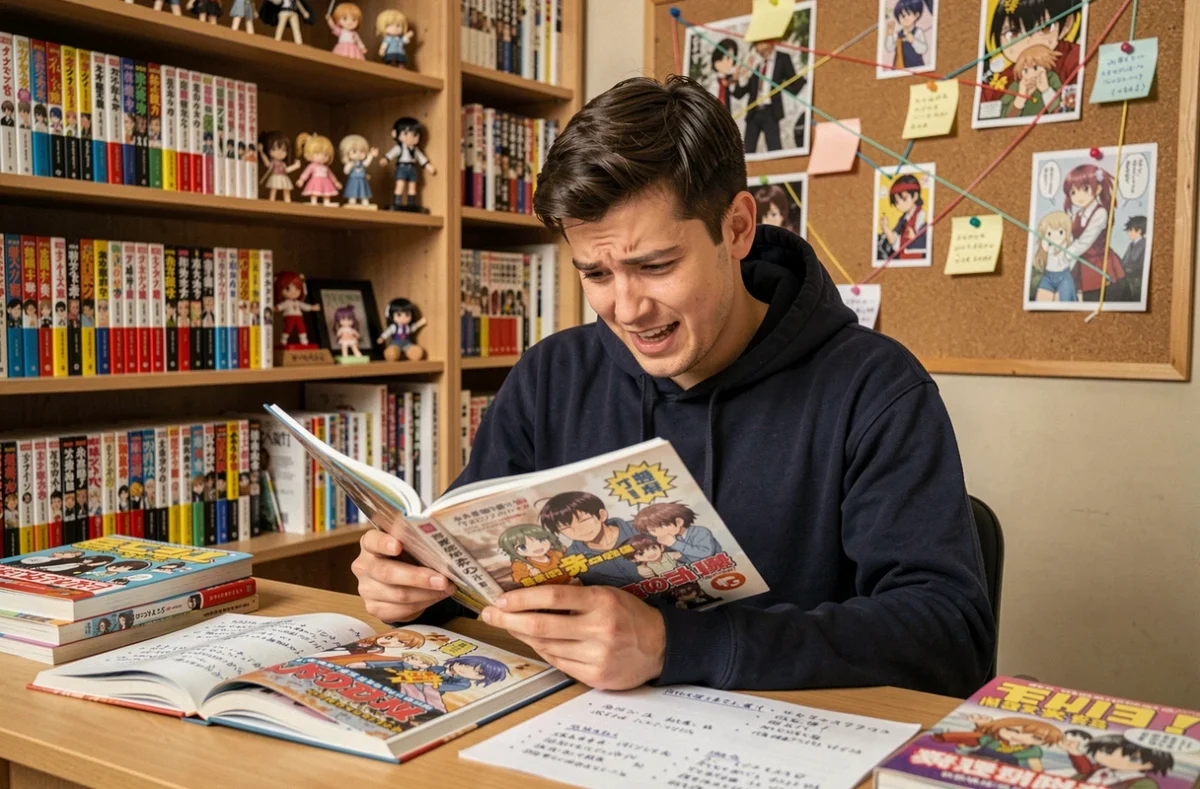 Fan de manga lisant le scan One Piece 1148 entouré de théories et de notes manuscrites sur son bureau