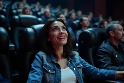 Femme assise dans un fauteuil 4DX motorisé en salle de cinéma, expression de surprise lors d'une séquence de mouvement