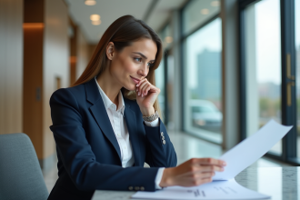 Femme d'affaires en réunion dans une banque moderne