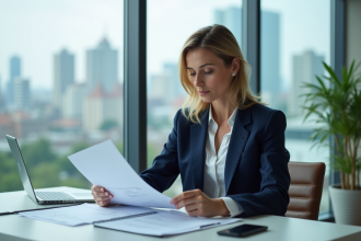 Femme d'affaires en costume bleu examinant des documents financiers