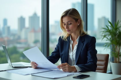 Femme d'affaires en costume bleu examinant des documents financiers