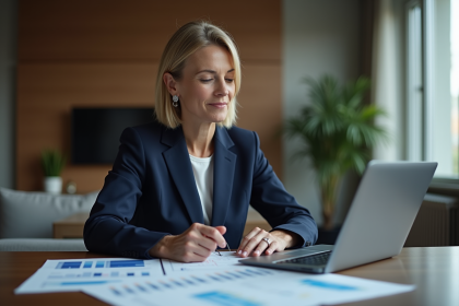 Femme d'affaires en costume bleu analysant des graphiques numériques