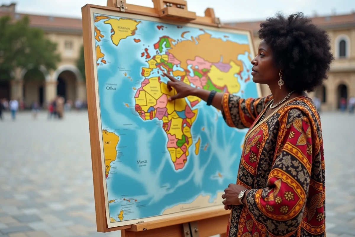 Femme africaine en tenue traditionnelle devant une carte de l'Afrique