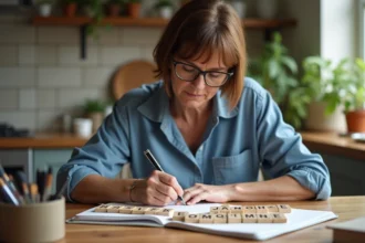 Femme moyenne âge avec lettres anagramme dans cuisine cosy