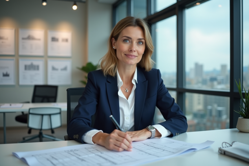 Femme d'affaires en bureau avec plans architecturaux