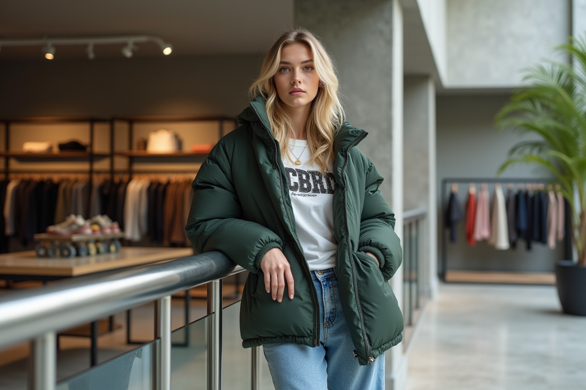 Jeune femme en streetwear dans une boutique moderne