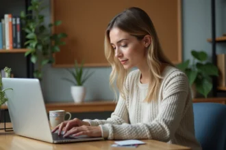 Femme concentrée sur son ordinateur dans un bureau cosy