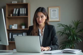 Femme en bureau professionnel en train de taper à son ordinateur