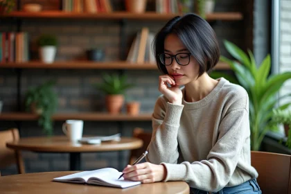 Femme assise au café écrivant dans un carnet