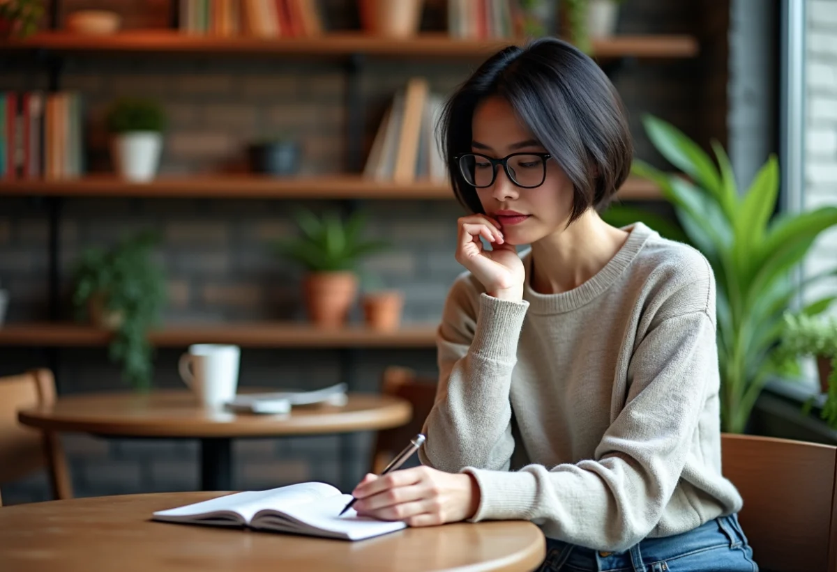 Femme assise au café écrivant dans un carnet