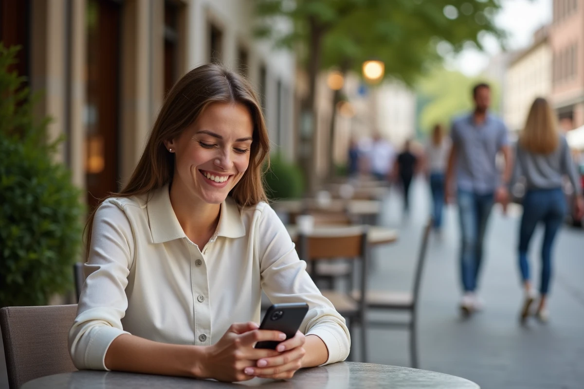 Femme souriante au café en ville avec polo classique