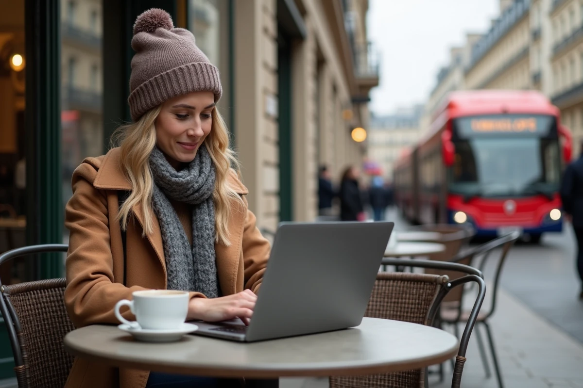 Femme assise au café vérifiant les infos du trafic parisien