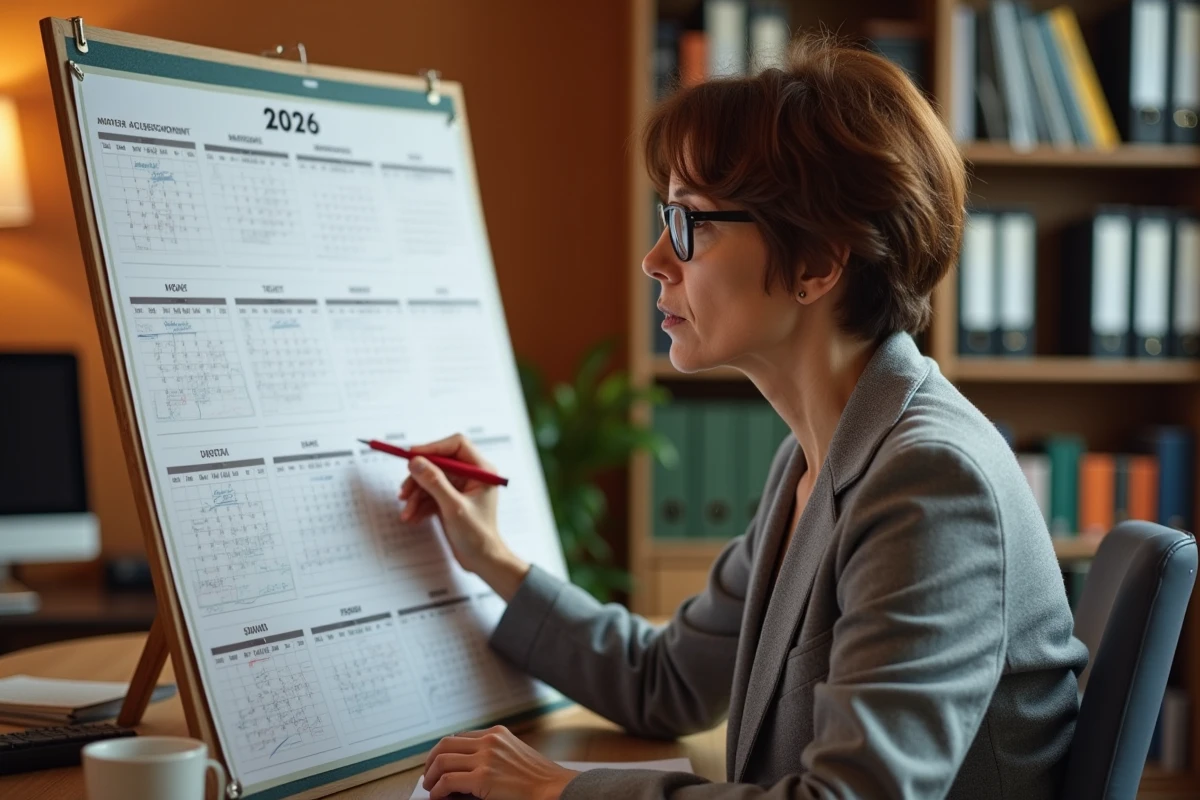 Femme annotant un calendrier 2026 avec des semaines paires et impaires pour organiser les astreintes professionnelles