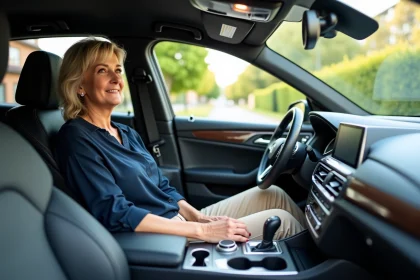 Femme détendue dans une voiture moderne en tenue décontractée