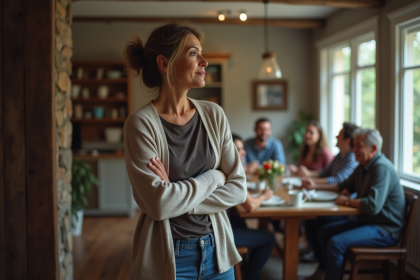 Femme réfléchissant dans un salon convivial et chaleureux