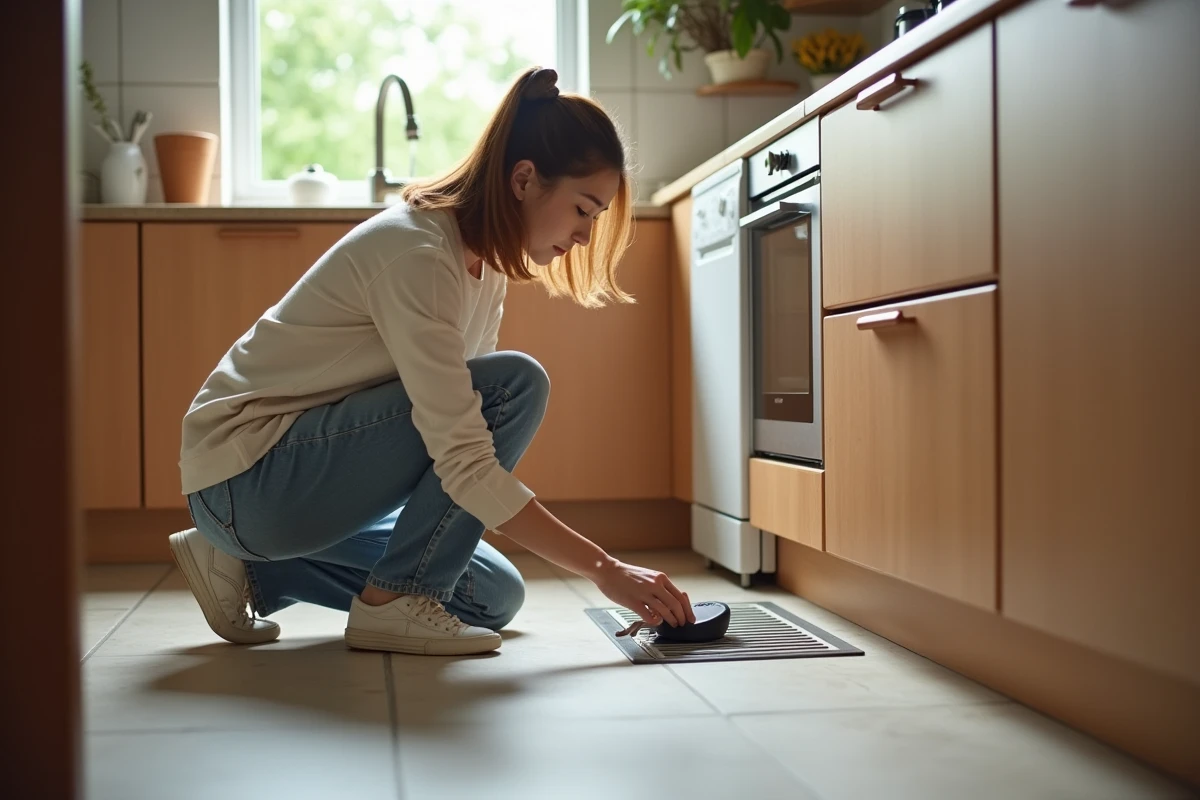 Jeune femme posant un détecteur de rongeurs dans la cuisine lumineuse