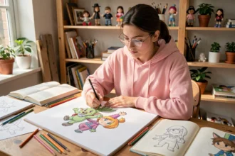 Jeune femme dessinant un fanart de fusion Mew et Pikachu sur un carnet de croquis dans un atelier artistique cosy