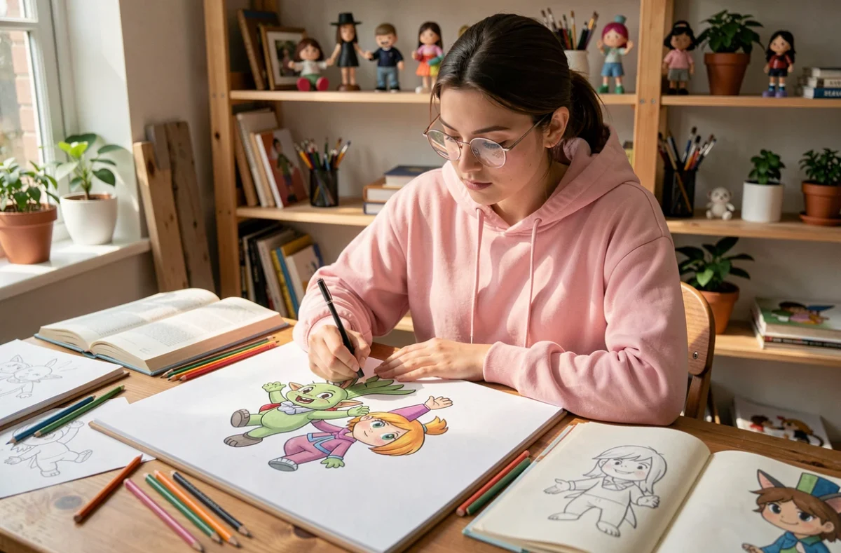 Jeune femme dessinant un fanart de fusion Mew et Pikachu sur un carnet de croquis dans un atelier artistique cosy