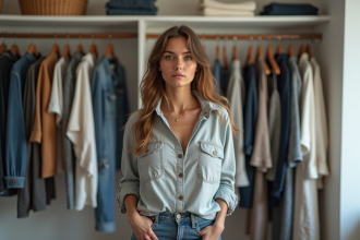 Femme américaine dans un dressing organisé avec vêtements