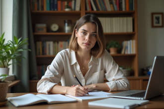 Jeune femme écrit fonds dans un carnet en home office
