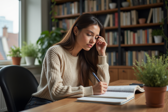 Jeune femme en étude à la maison avec livres et plantes