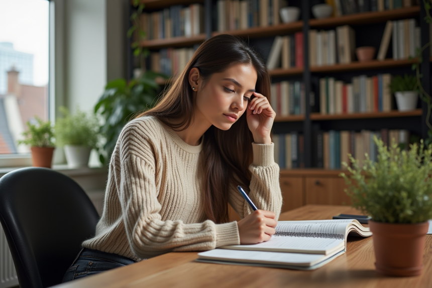 Jeune femme en étude à la maison avec livres et plantes