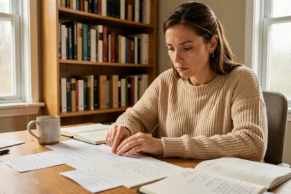 Femme étudiant la signification d'un mot Zosvepnoraz dans ses notes manuscrites à son bureau