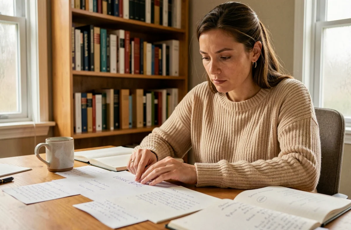 Femme étudiant la signification d'un mot Zosvepnoraz dans ses notes manuscrites à son bureau