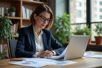 Femme d'âge moyen en bureau moderne pour article finance