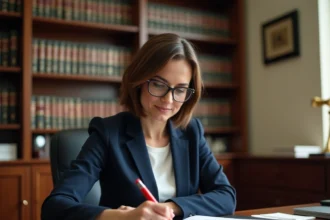 Femme fonctionnaire relisant un document officiel avec un stylo rouge, illustrant les règles orthographiques des textes administratifs