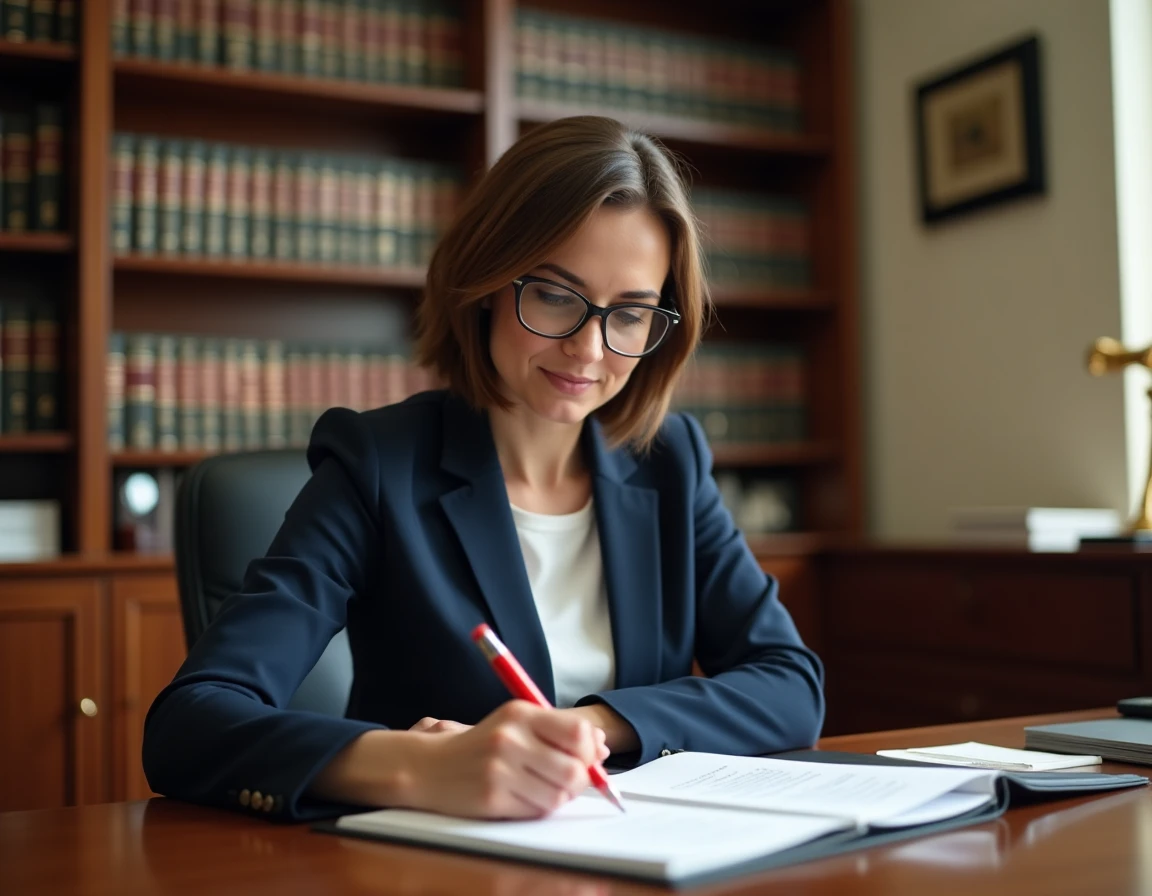 Femme fonctionnaire relisant un document officiel avec un stylo rouge, illustrant les règles orthographiques des textes administratifs