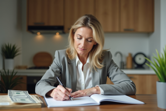 Femme d age moyen noteuse dans un planner financier à la maison