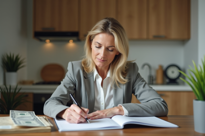 Femme d age moyen noteuse dans un planner financier à la maison