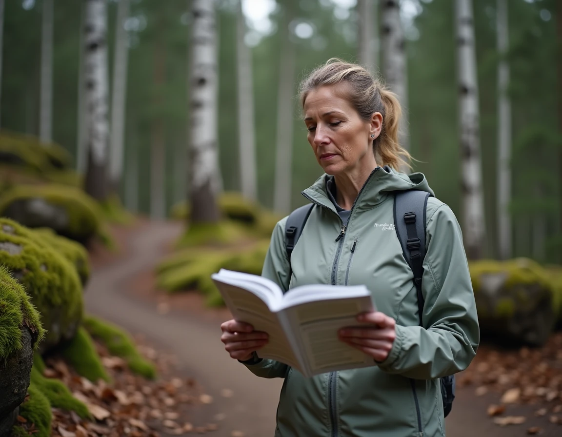 Femme consultant le guide d'activités d'un coffret ETB aventure en forêt