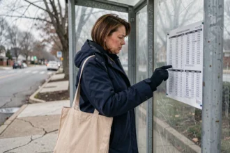 Femme consultant l'horaire de bus 378 à un arrêt perturbé sous un abri en plexiglas par temps couvert