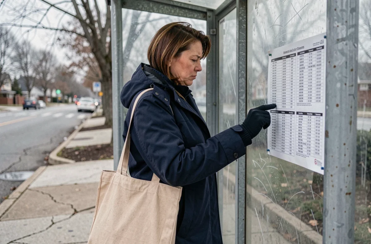 Femme consultant l'horaire de bus 378 à un arrêt perturbé sous un abri en plexiglas par temps couvert