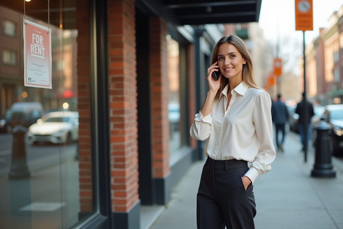 Jeune femme devant une vitrine commerciale avec panneau a louer