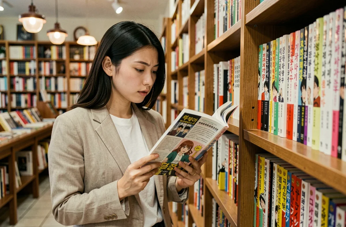 Jeune femme adulte feuilletant des volumes de manhwa coréen dans une librairie indépendante, ambiance culturelle et littéraire