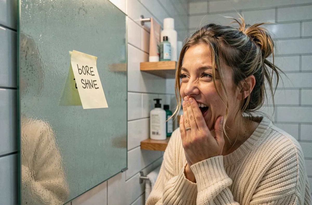 Femme qui rit en découvrant un mot d'amour drôle collé sur le miroir de la salle de bain