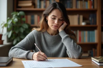 Femme résolvant une grille de mots croisés CodyCross avec un stylo sur une table en bois dans un bureau à domicile