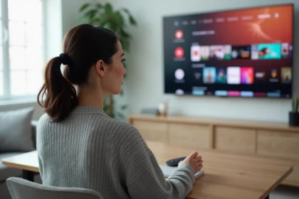 Femme naviguant sur l'interface Tiviob depuis son salon avec une télévision 4K affichant le menu de navigation