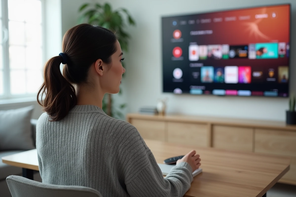 Femme naviguant sur l'interface Tiviob depuis son salon avec une télévision 4K affichant le menu de navigation