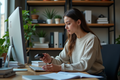 Jeune femme examine un disque dur externe dans un bureau hightech