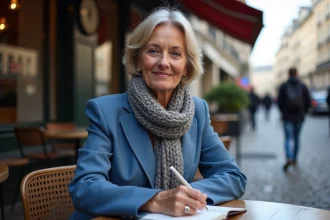 Femme parisienne en blazer bleu au café