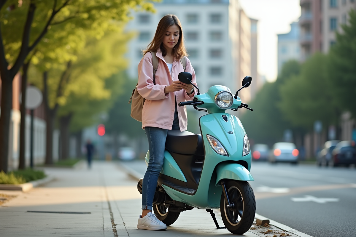 Femme vérifiant son téléphone près de son scooter