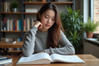 Jeune femme lisant un livre de physique quantique dans un bureau lumineux