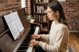 Jeune femme jouant Mistral Gagnant au piano avec une grille d'accords faite main sur le pupitre