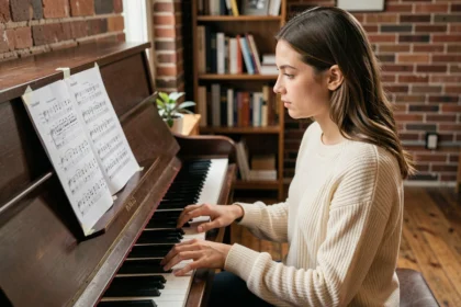 Jeune femme jouant Mistral Gagnant au piano avec une grille d'accords faite main sur le pupitre